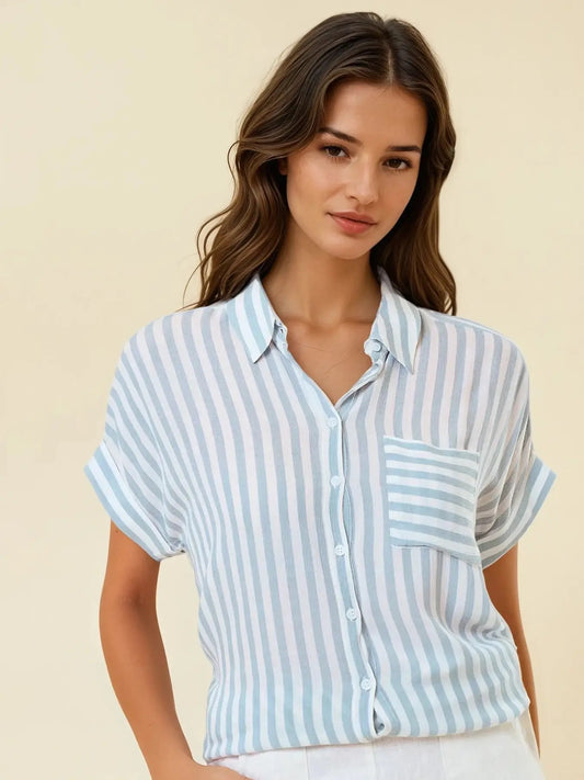 Blue Stripe Short Sleeve Button Down Top
