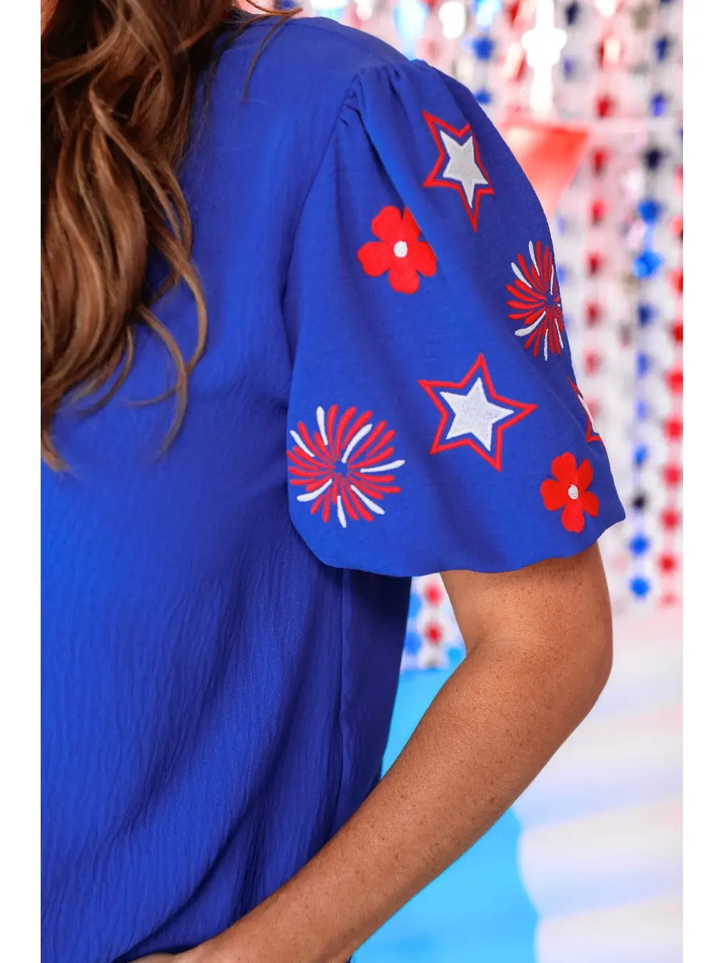 Blue Patriotic Embroidered Top