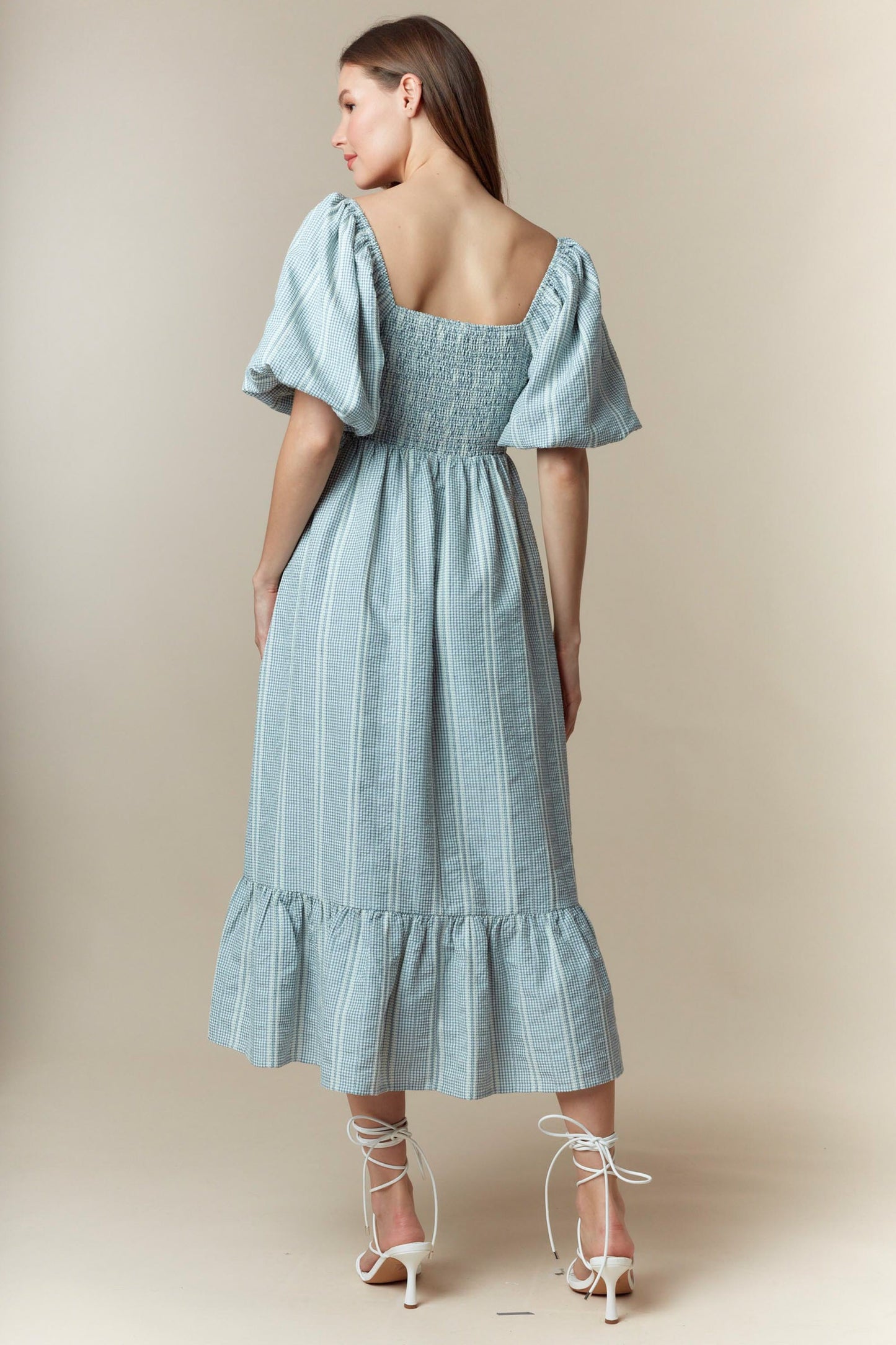 Dusty Blue Bubble Sleeve Midi Dress