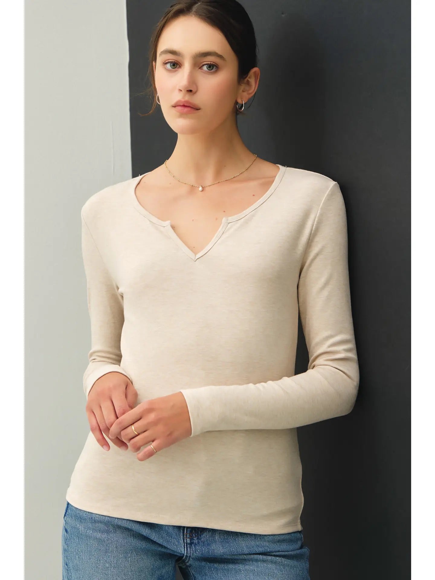 Oatmeal Notched Neckline Basic Long sleeve Tee