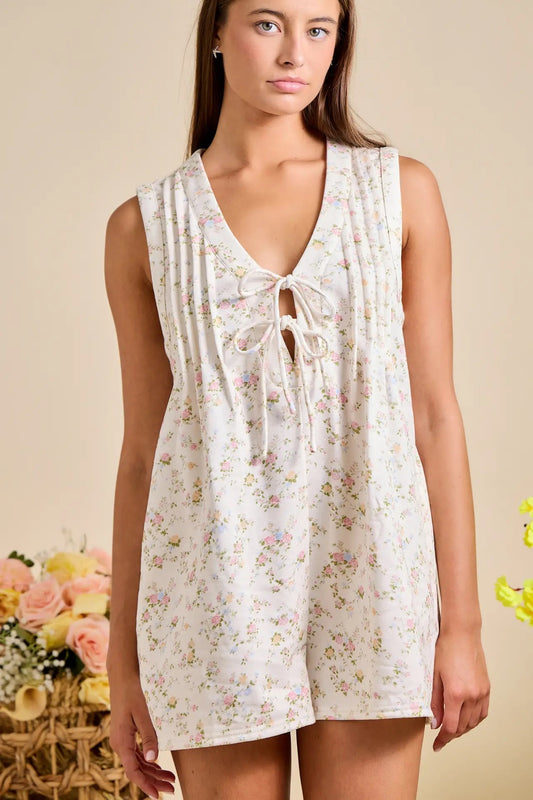 Ivory Floral Tie Front Sleeveless Romper