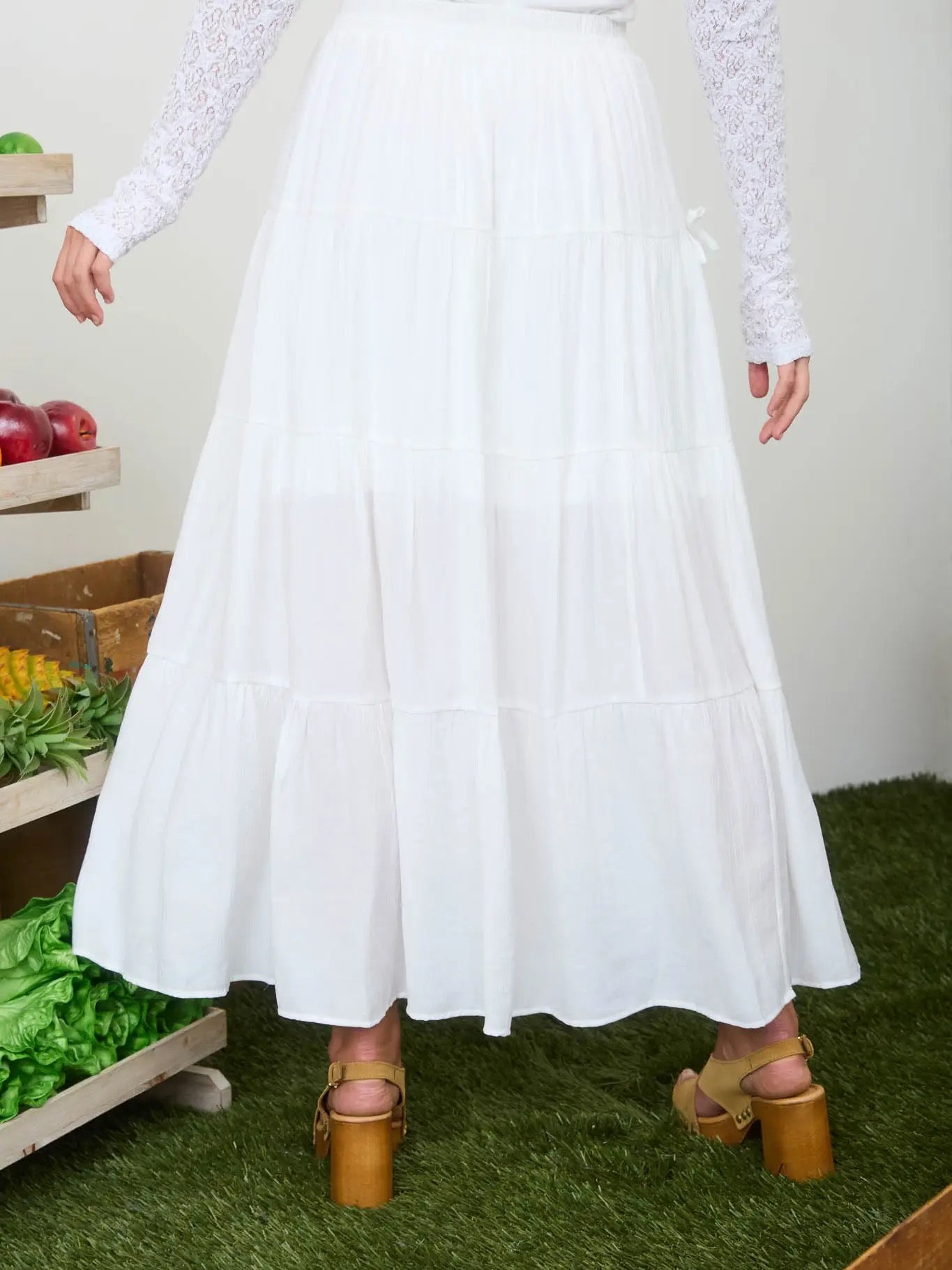 White Bow Detail High Waist Maxi Skirt