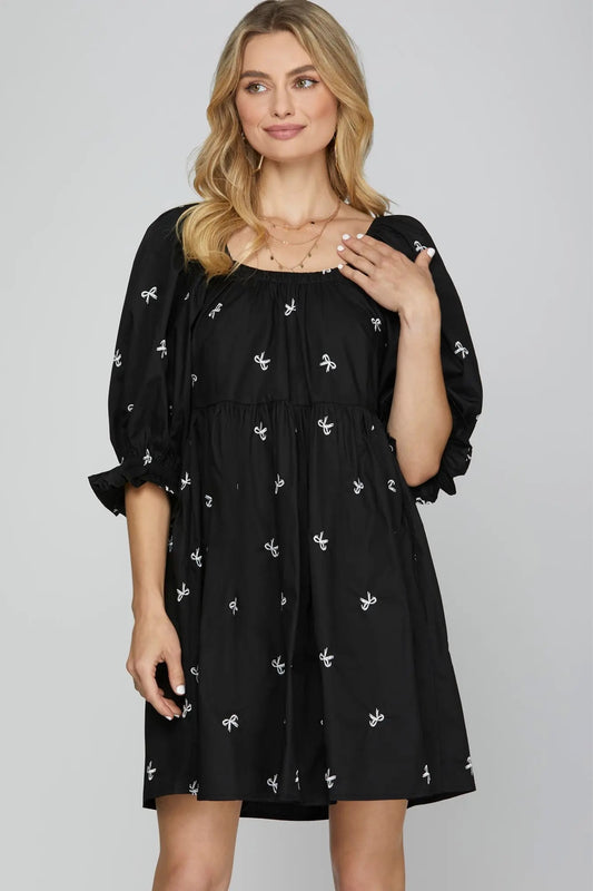 Bow Embroidered Black Tiered Dress w/ Pockets