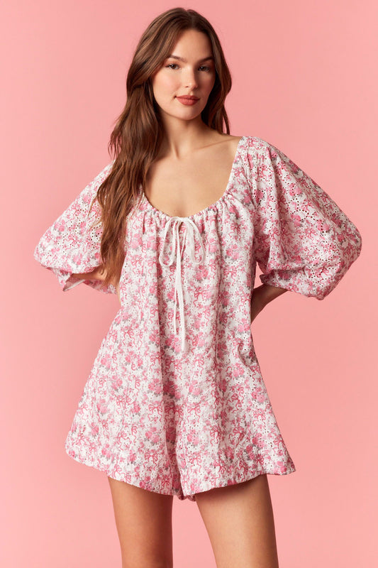 Pink Floral Print Eyelet Detail Romper