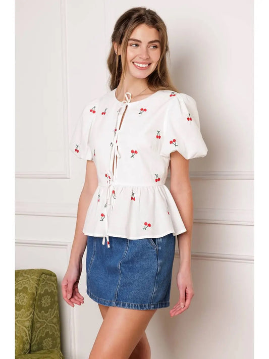 Cherry Embroidered Woven Top