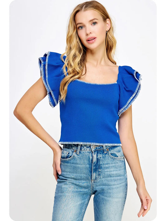 Blue Double Ruffle Short Sleeve Knit Top