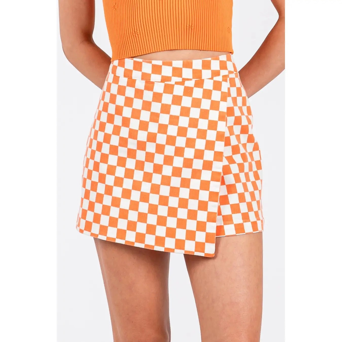 Orange Checkered Overlay Wrap Mini Skort