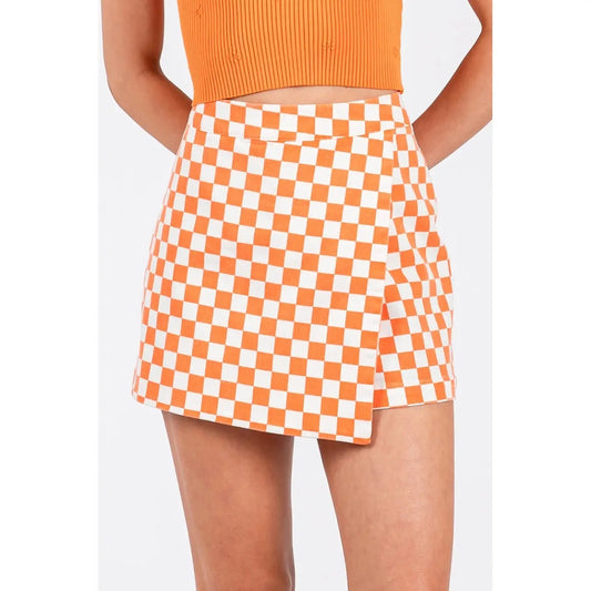 Orange Checkered Overlay Wrap Mini Skort