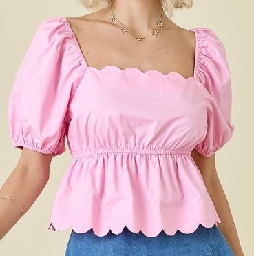 Scalloped Edge Top with Puff Sleeves