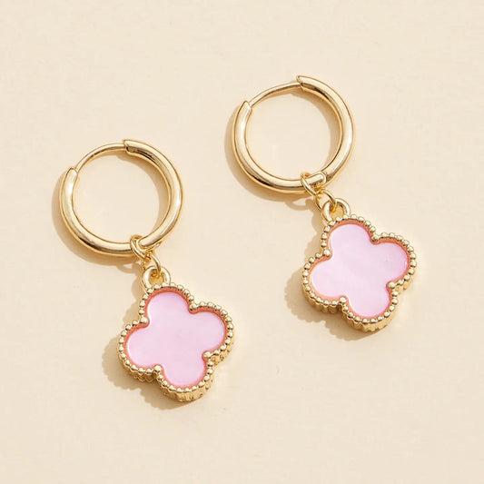Hoop Earrings | Pink Clover-Shaped Shell Charms