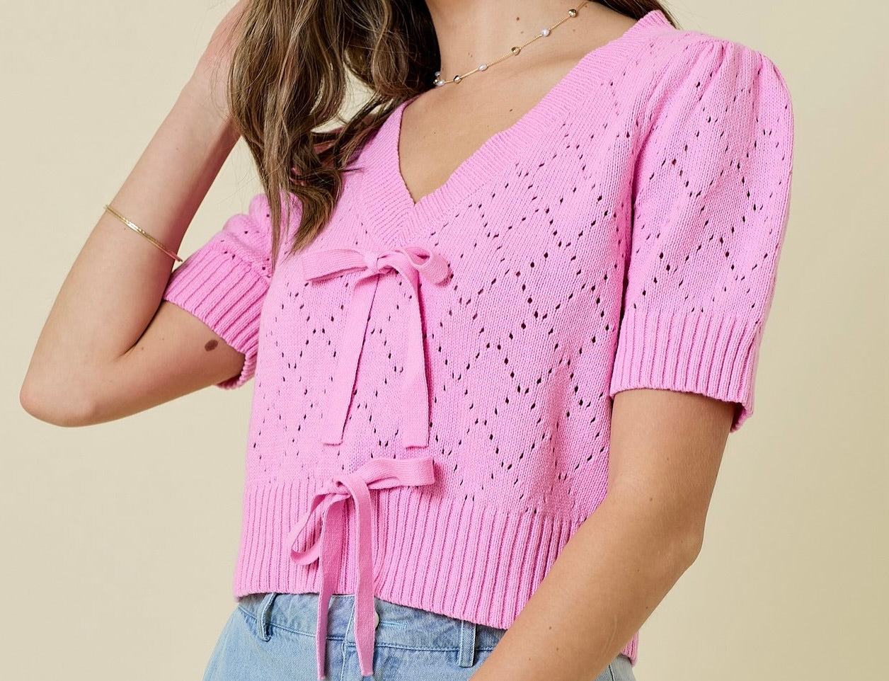 Pink V-Neck Pointelle Sweater Top