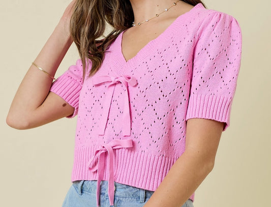 Pink V-Neck Pointelle Sweater Top