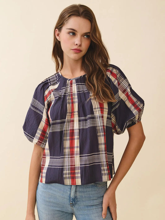 Navy Plaid Round Neck Blouse