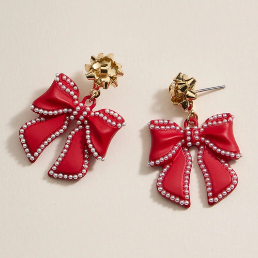 Red Christmas Bow Dangle Earrings