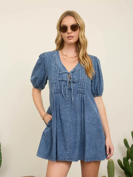Denim Pleated Front Tie Puff Sleeve Mini Dress