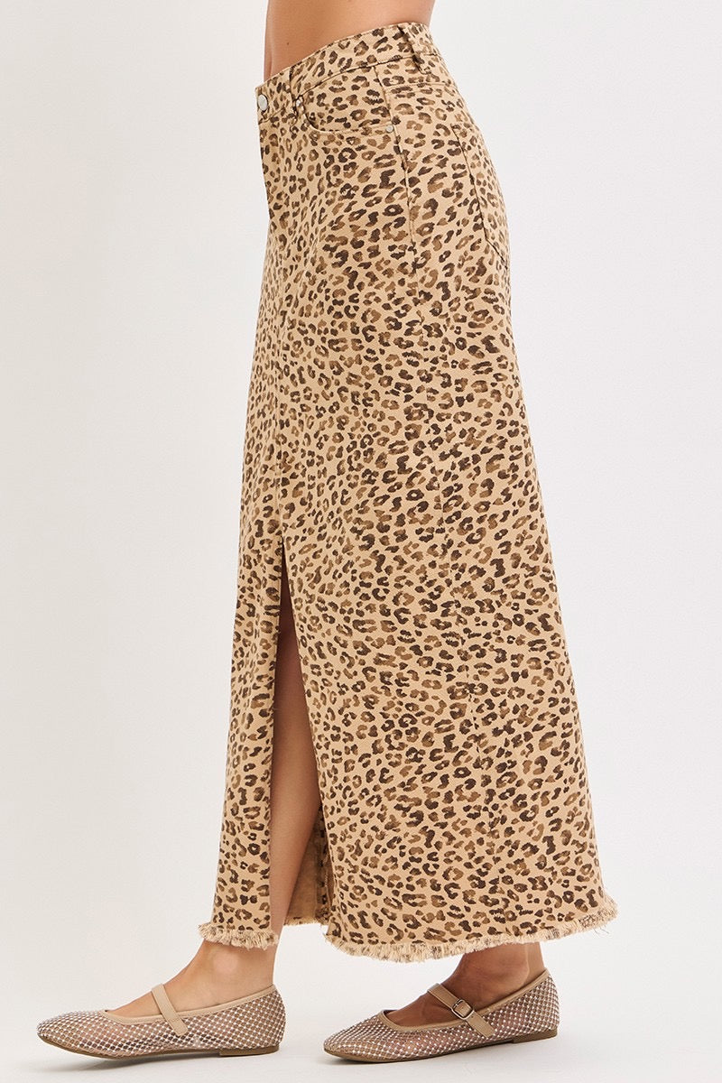 Risen Leopard High Rise Front Slit Long Skirt