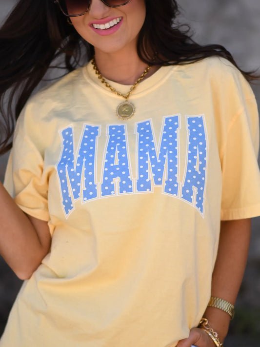 Yellow Blue Polka Dot Mama Tee