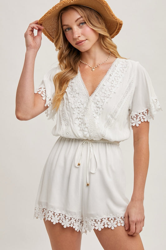 White Floral Lace Trim Romper
