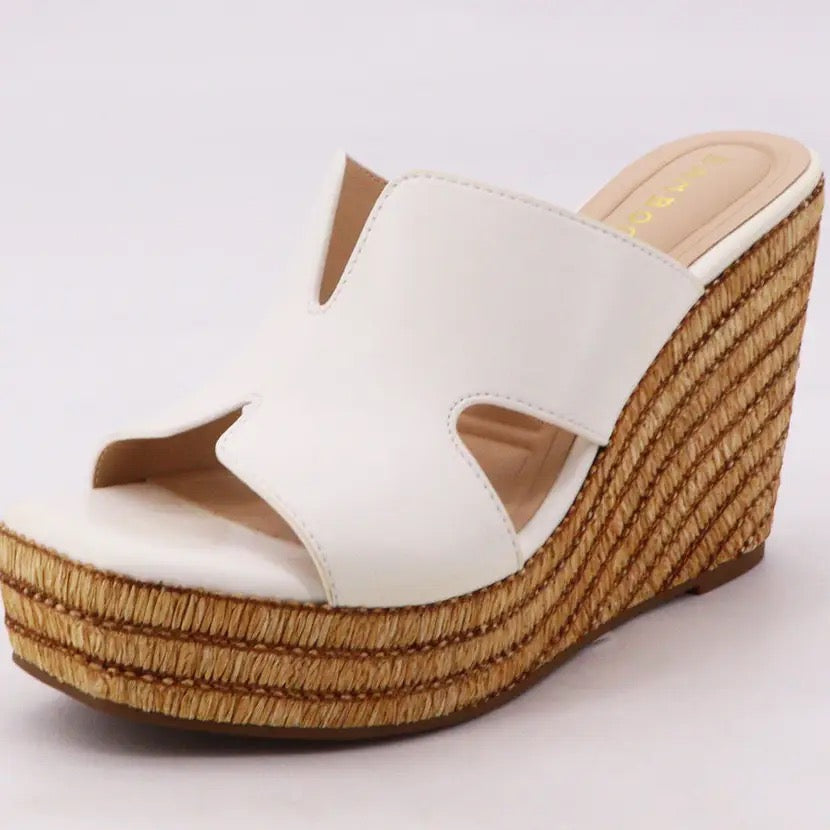 White Raffia Braided Wedge Heel
