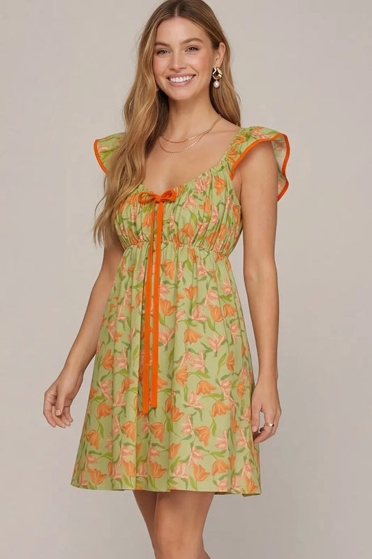 Sage & Orange Floral Tiered Mini Dress