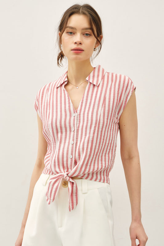 Striped Cotton V-Neck Button Up With Tie Detail