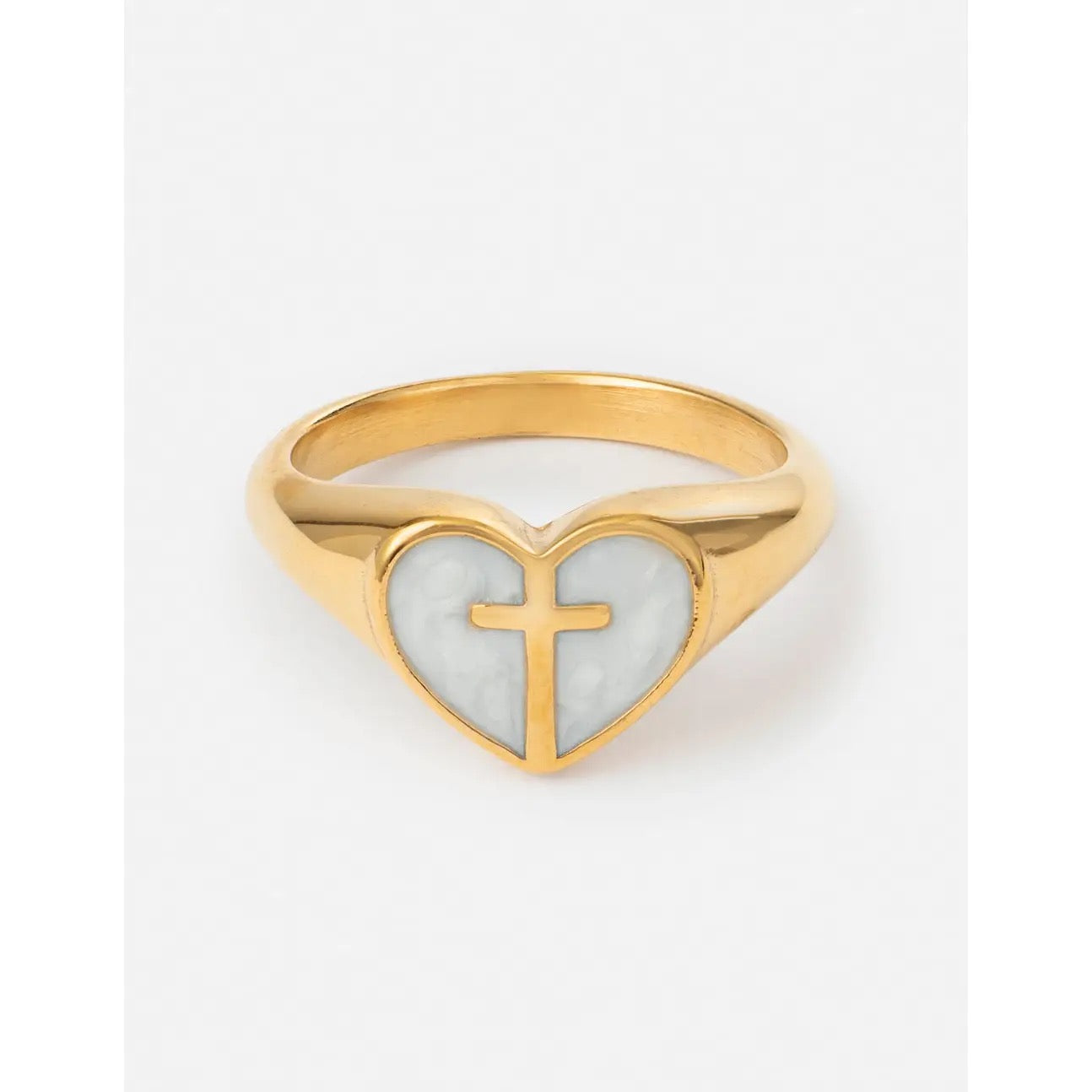 White Pearl Enamel Heart Cross Ring