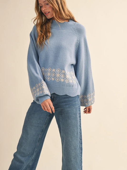 Scallop Mock Neck Sweater w/ Embroidery