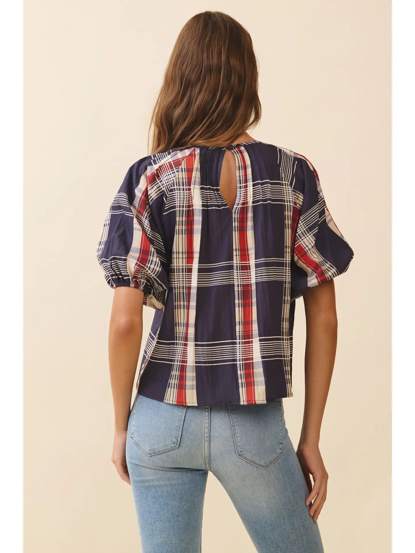 Navy Plaid Round Neck Blouse
