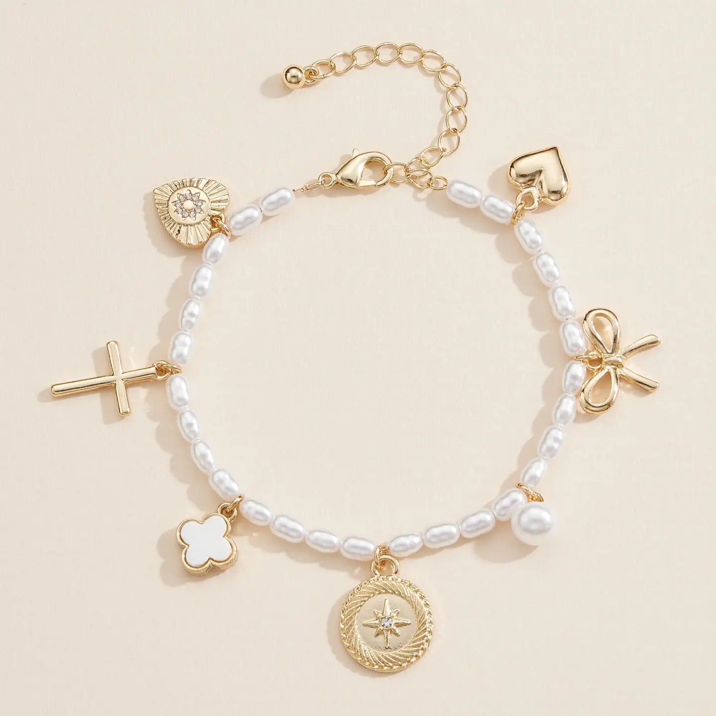 Pearl Charm Bracelet - Bow, Cross & Compass