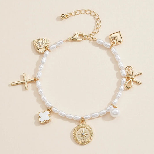 Pearl Charm Bracelet - Bow, Cross & Compass