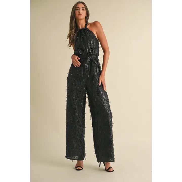 Black Feathered Sequin Jumpsuit