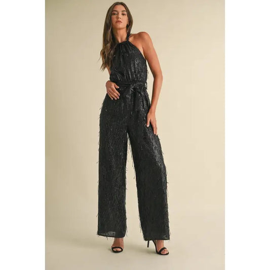Black Feathered Sequin Jumpsuit
