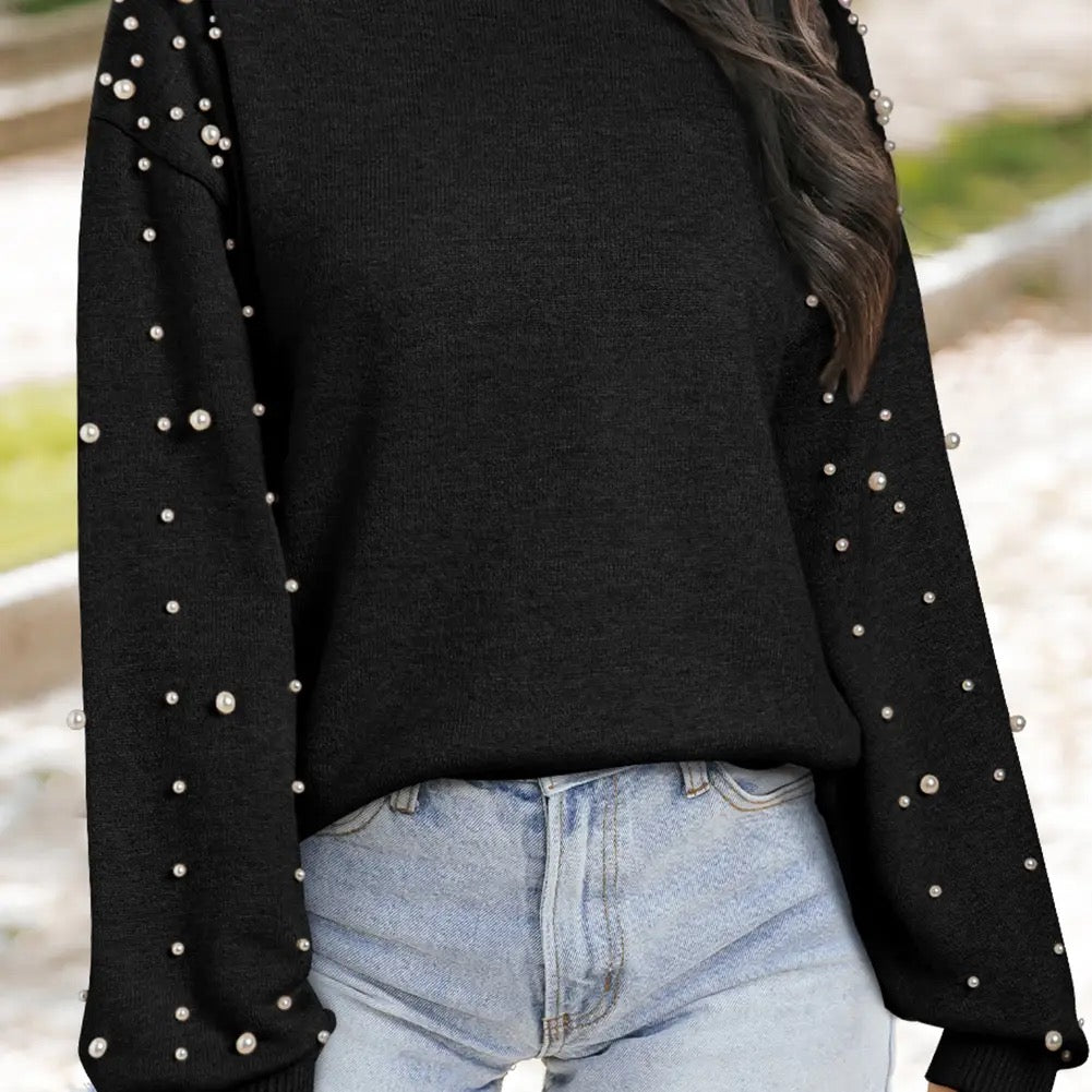 Black Round Neck Sweater with Pearls