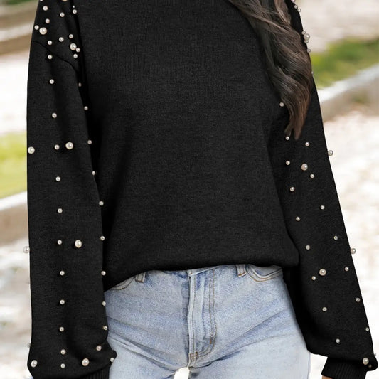 Black Round Neck Sweater with Pearls