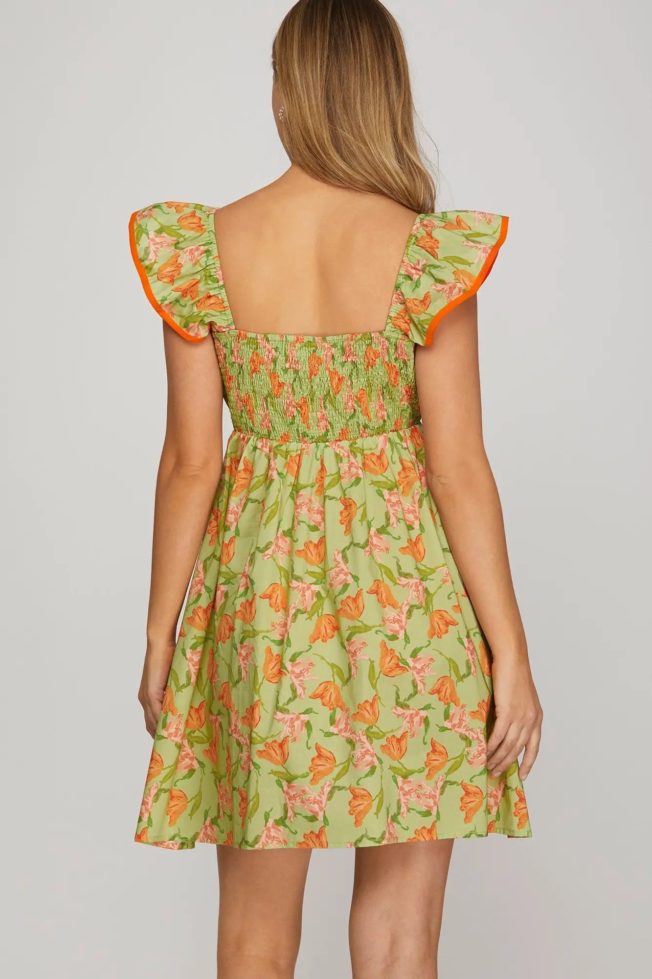 Sage & Orange Floral Tiered Mini Dress