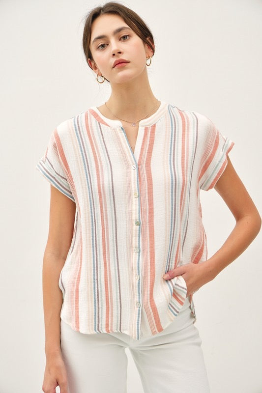 Striped Button Up V-Neck Cap Sleeve Top