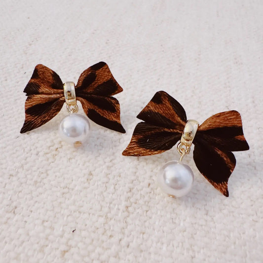 Leopard Luxe Bow & Pearl Drop Earrings
