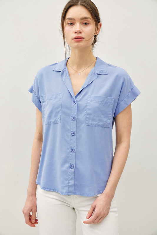 Button Up Cap Sleeve Shirt With Pocket