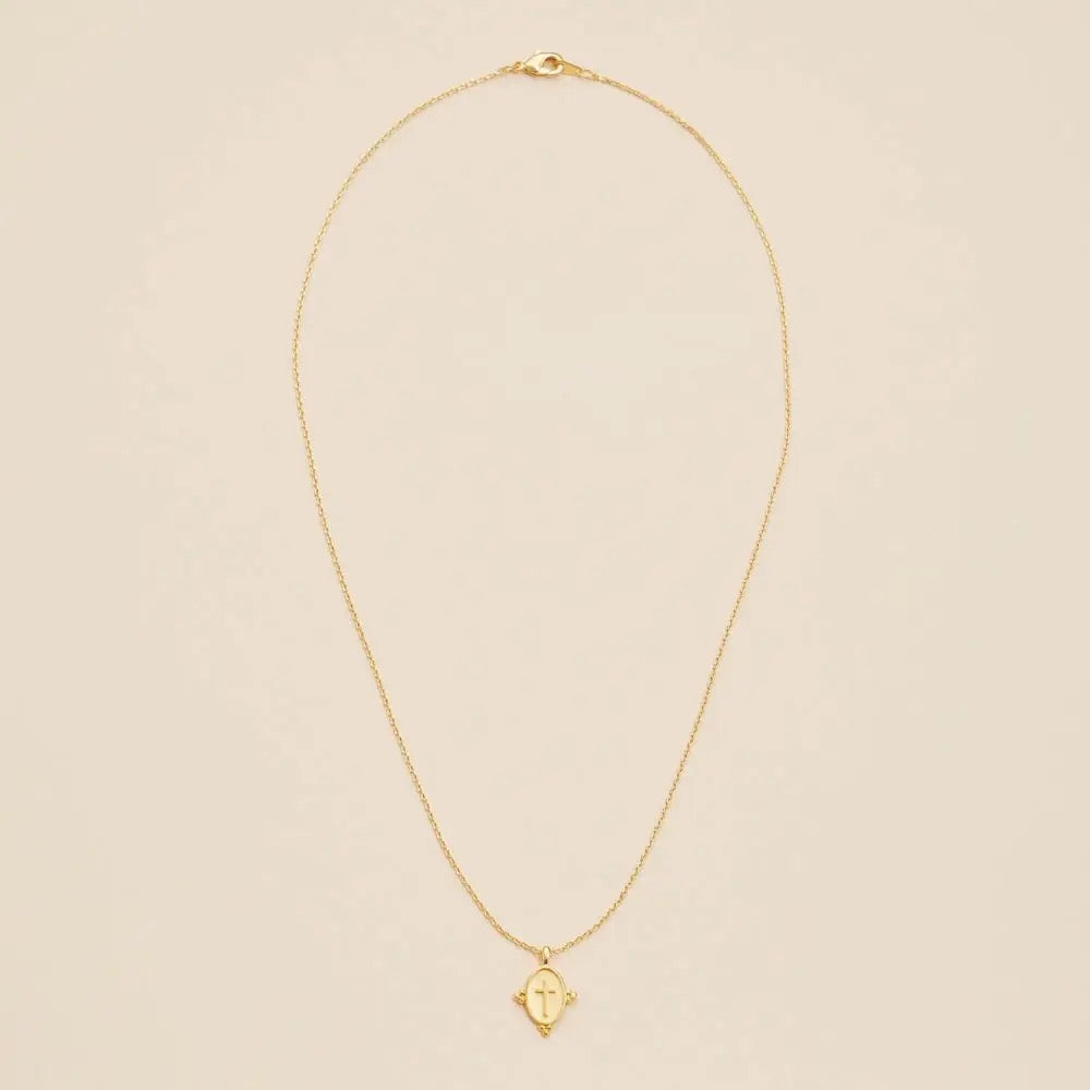 Gold Oval Coin Cross Necklace