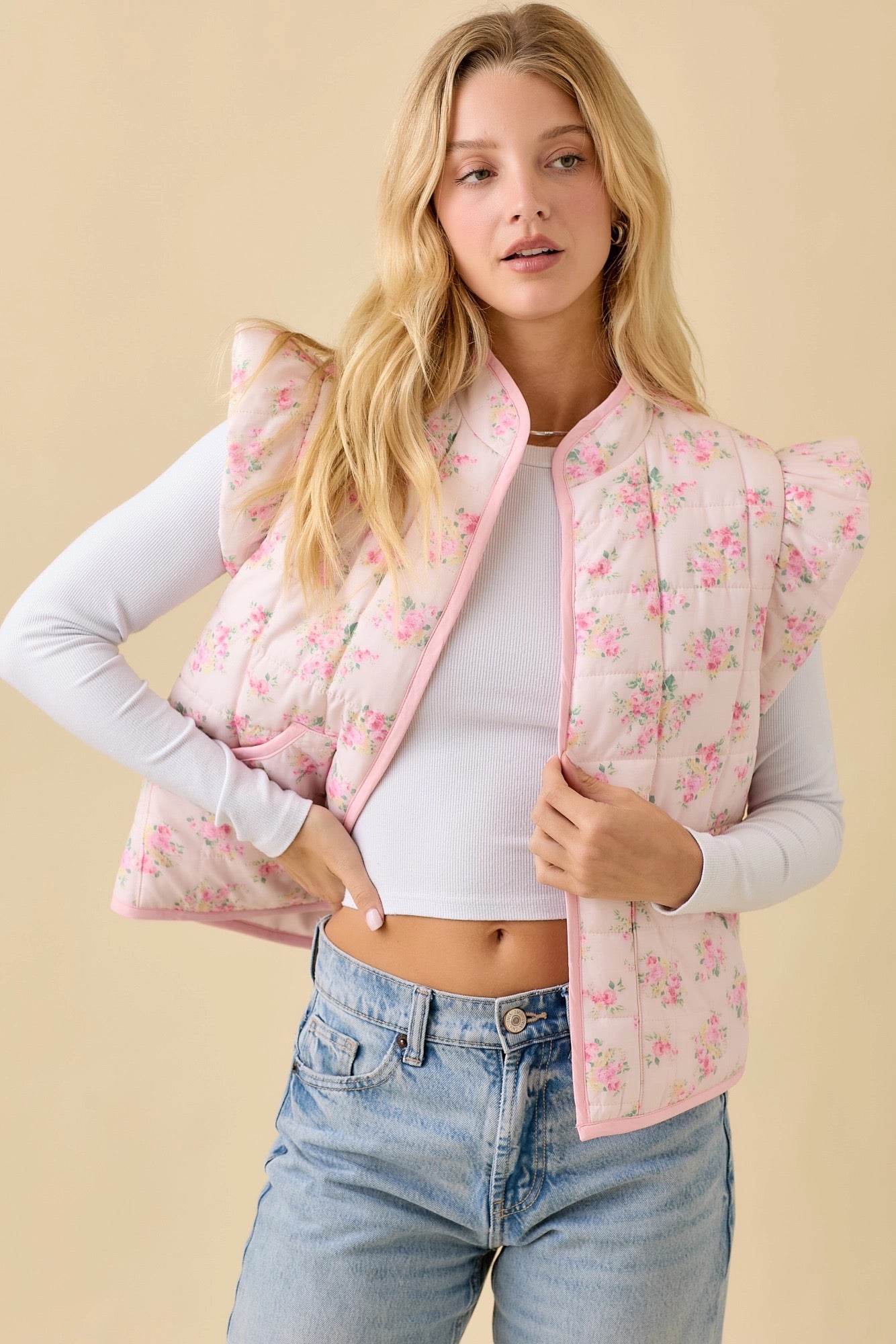 Pink Floral Ruffle Sleeve Puff Vest