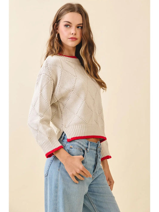 Red Trim Diamond Pattern Knit Sweater