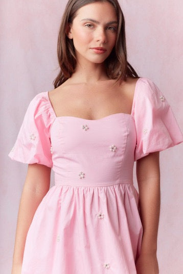 Pink Poplin Mini Dress with Pearl Accents