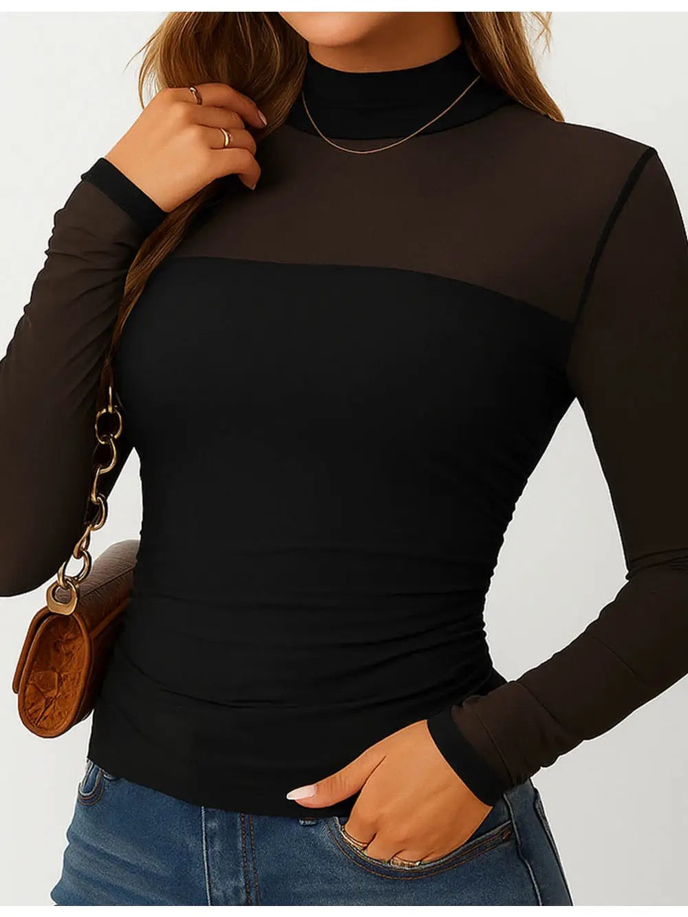 Mock Neck Sheer Sleeves Top