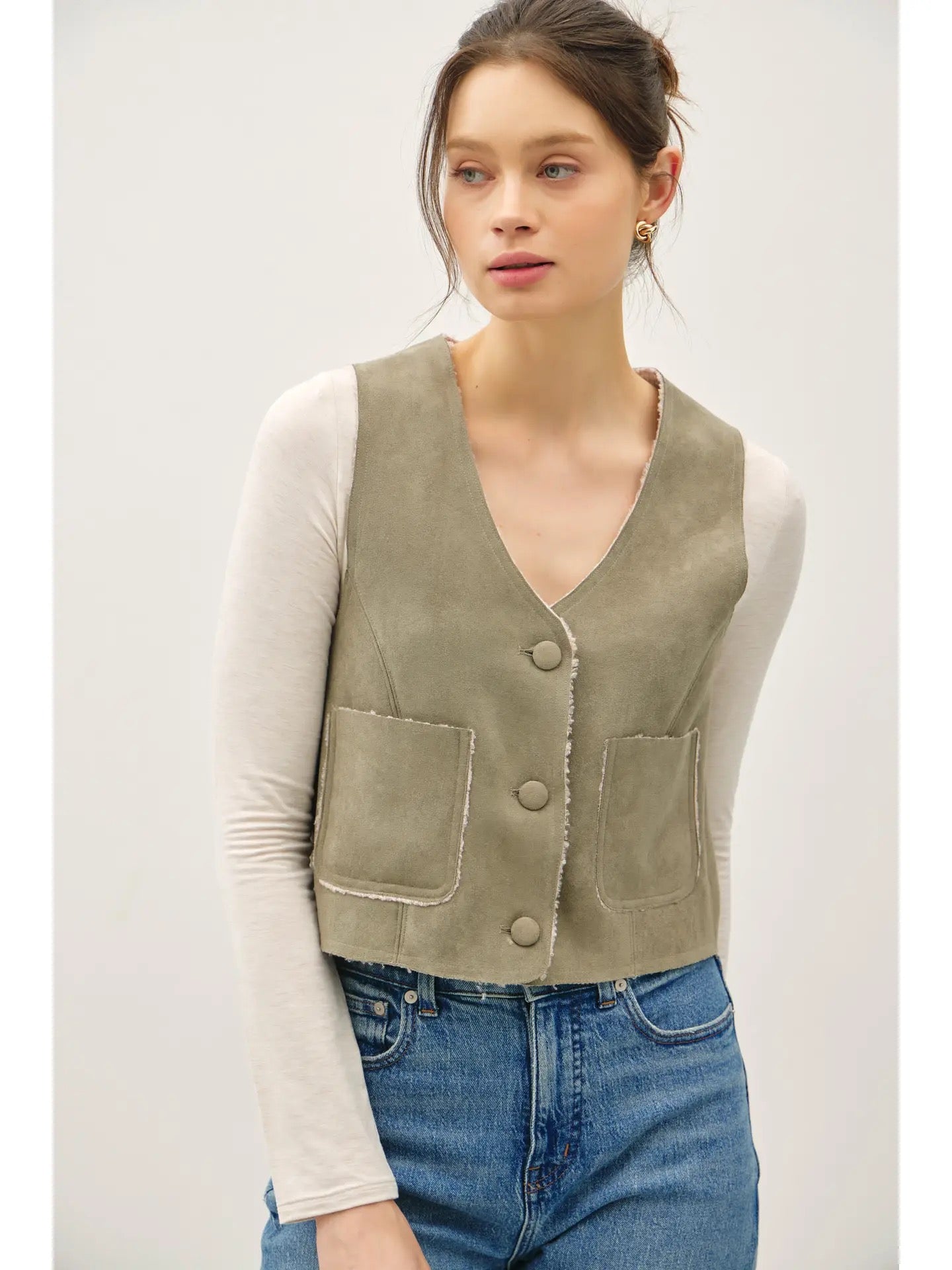 Olive Suede Sherpa Lined Vest