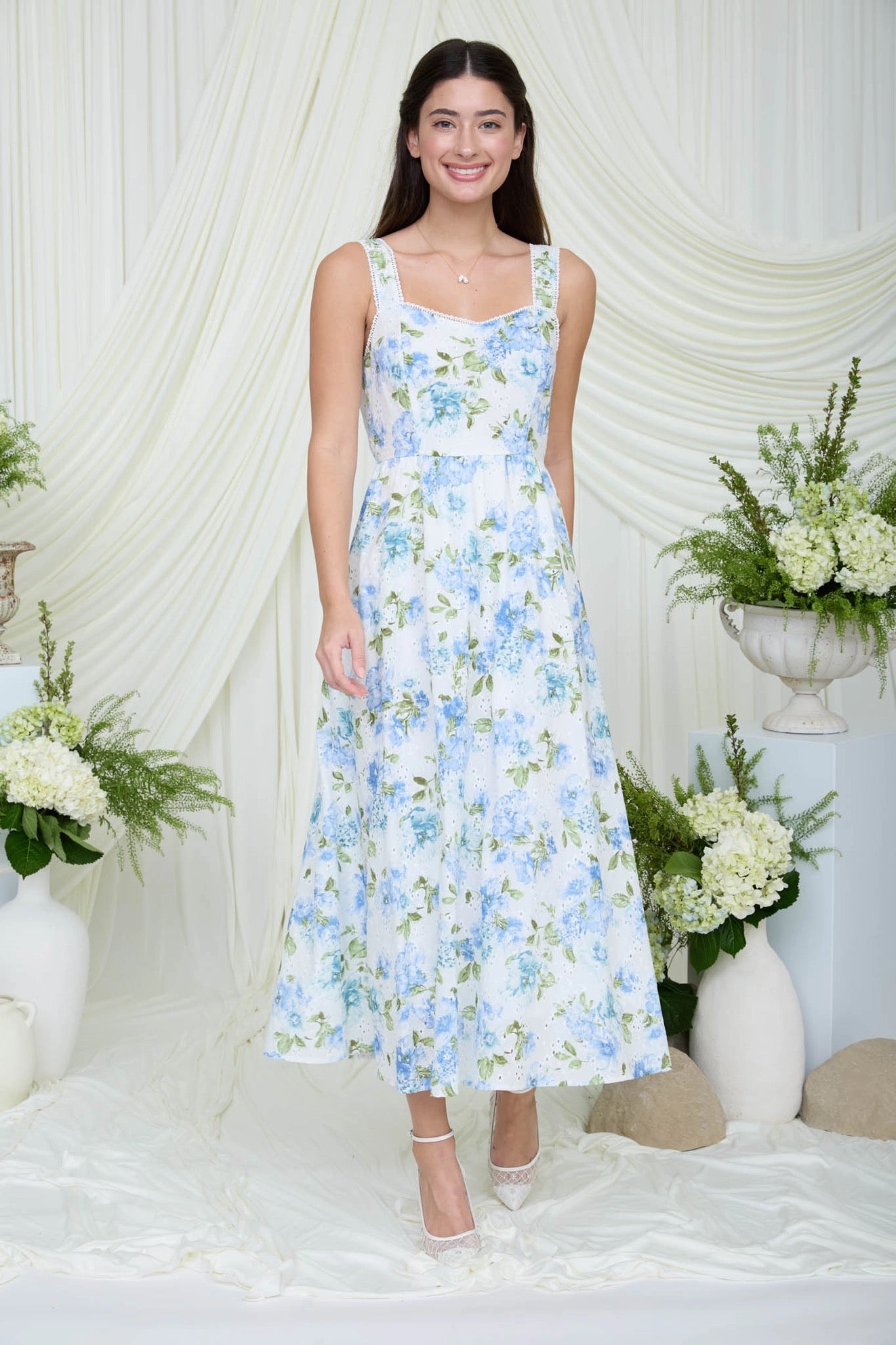 Blue Floral Eyelet Lace Trim Midi Dress