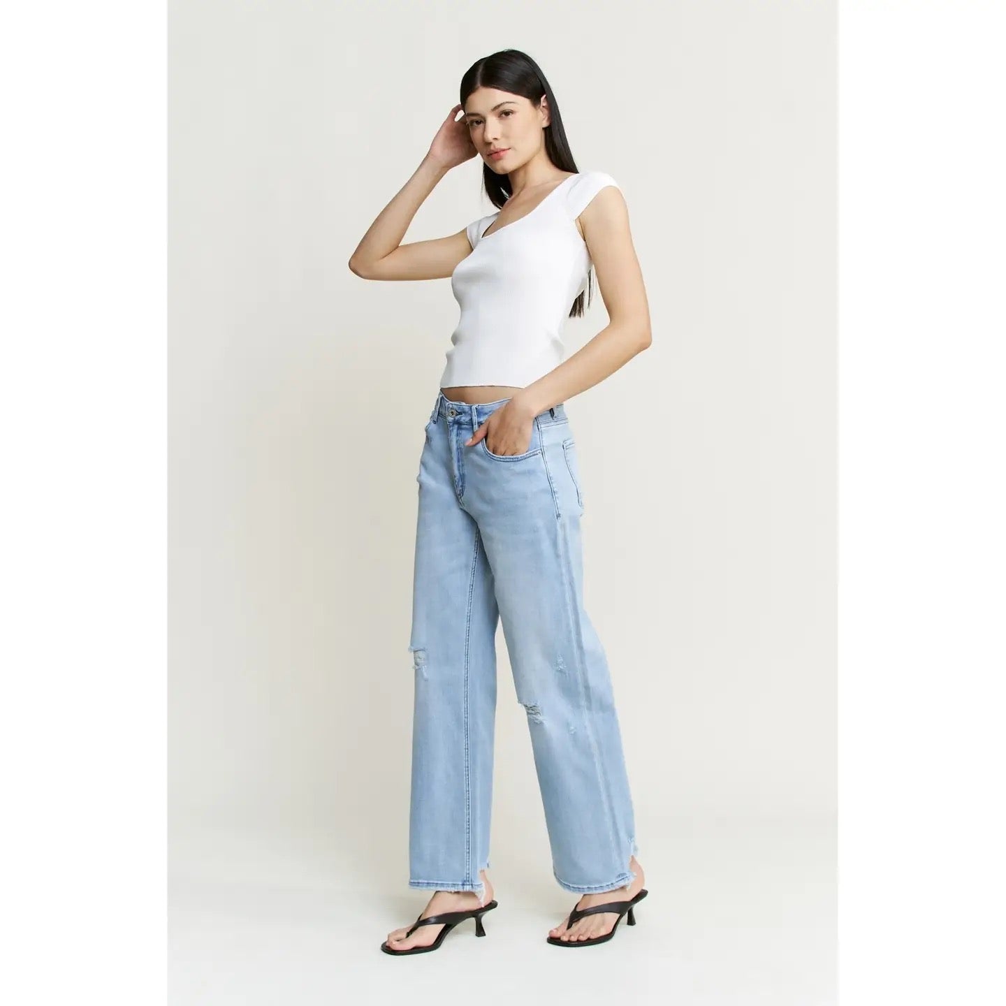 Mica High Rise Light Wash Distressed Straight Leg Jeans