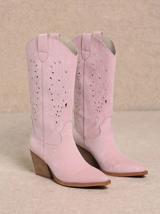 Pink Cutout Embroidery Western Boot