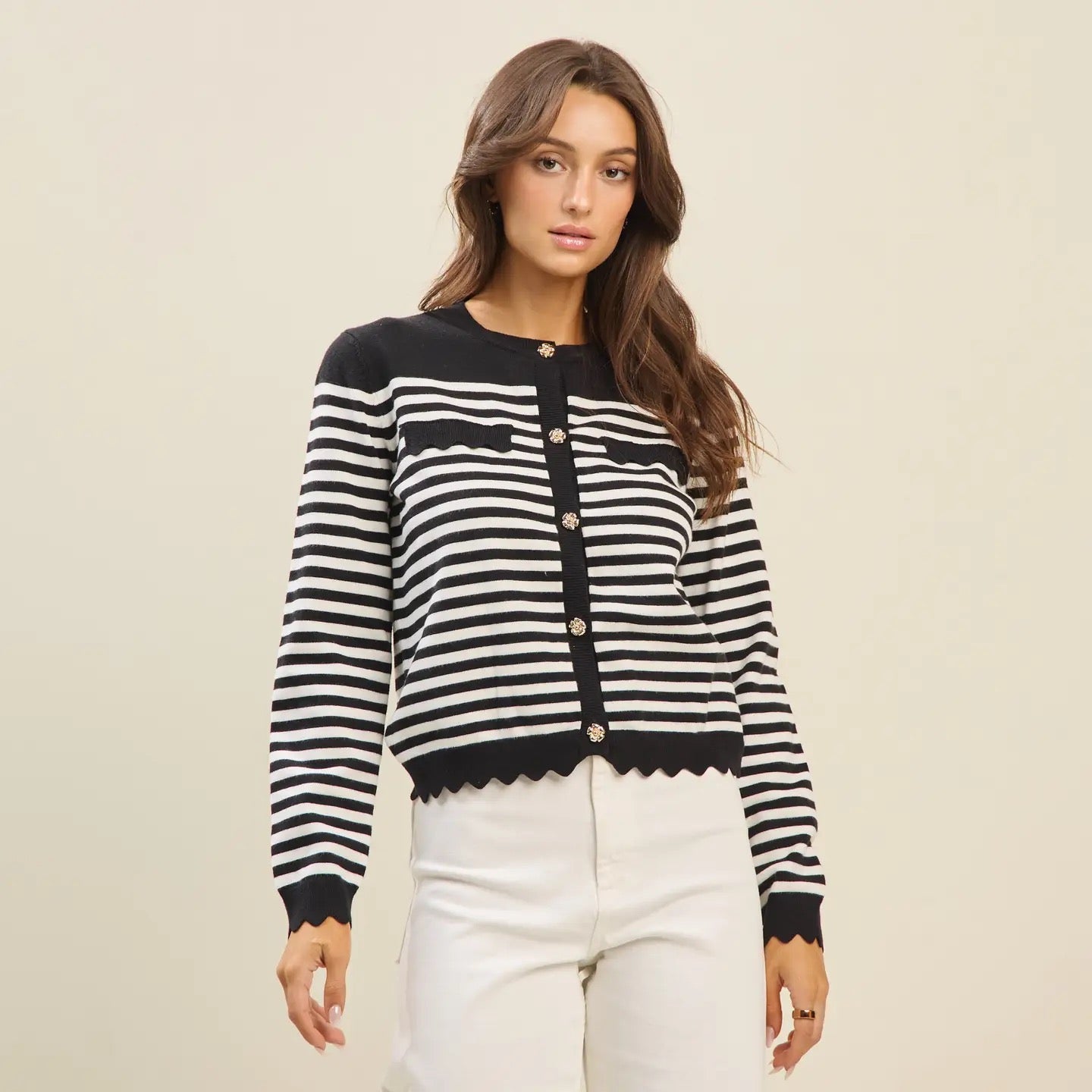 Black & White Striped Scalloped Edge Cardigan
