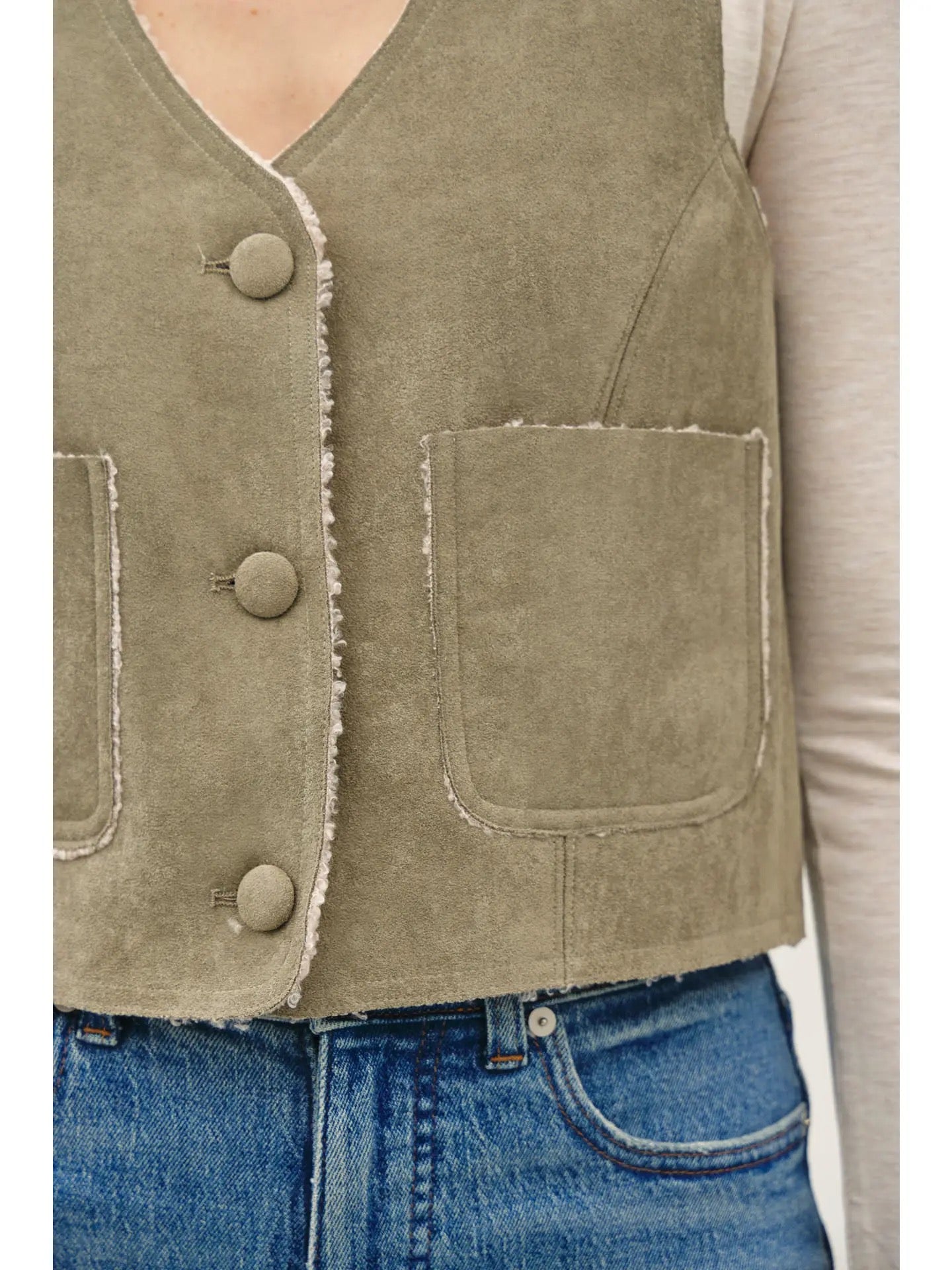 Olive Suede Sherpa Lined Vest