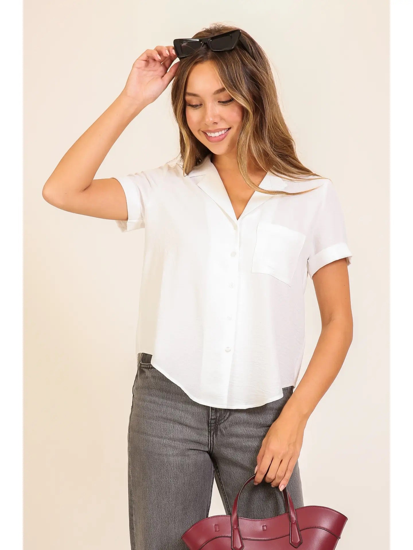 White Button Down Collared Short Sleeve Top